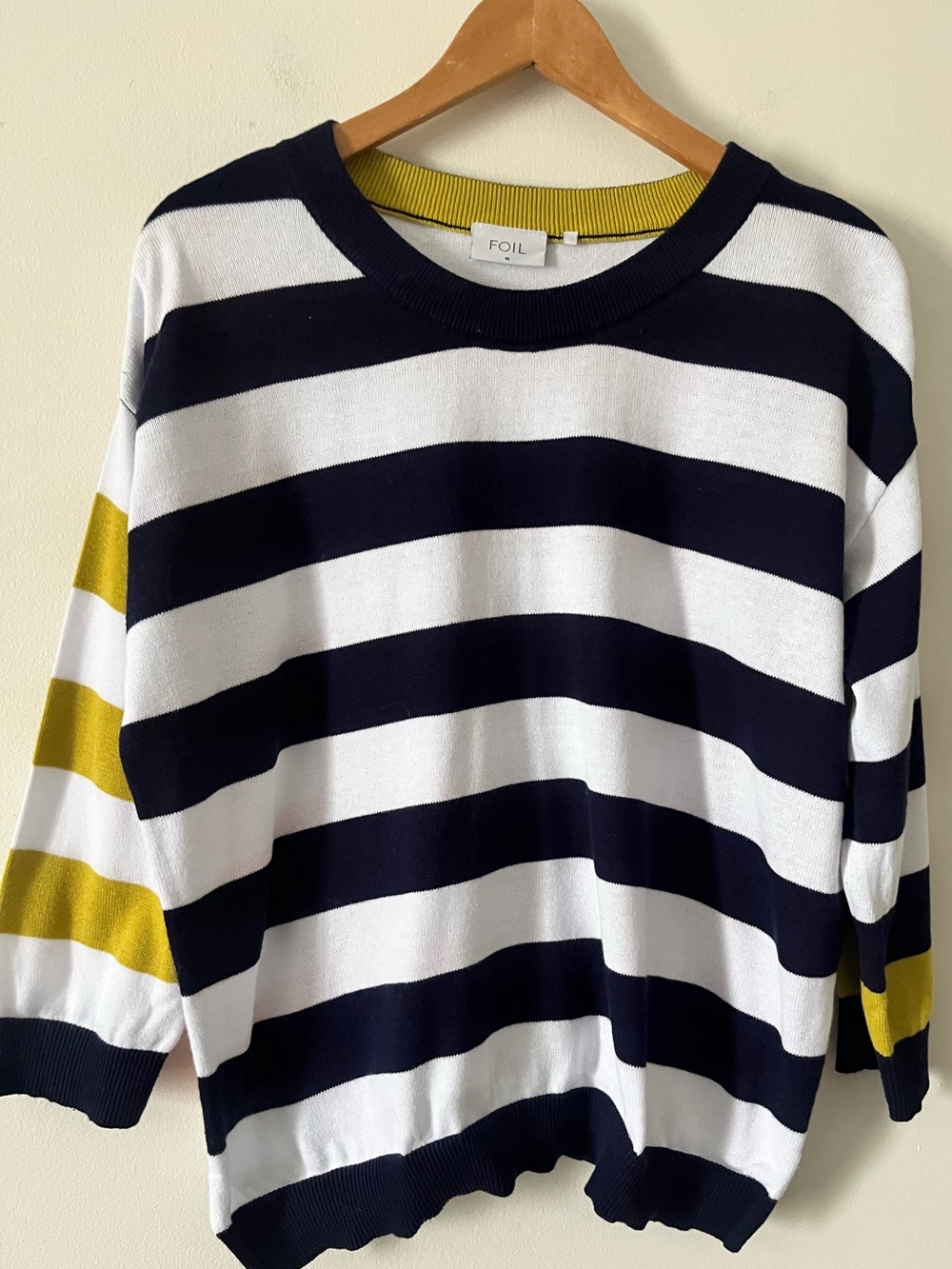 FOIL Navy, White, Coral, Yellow Mixed Stripe Light Cotton Knit Boxy Sweater M